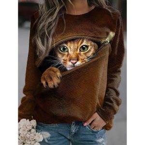 Round Neck Casual Loose Home Cat Print Sweatshirt, women tops, COTOSEN