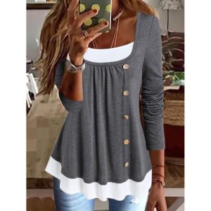 Round Neck Casual Loose Panel Single Breasted Long Sleeve T-shirt, women tops,  COTOSEN