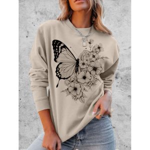 Women's Butterflies Flower Graphic Print Comfortable Soft Sweatshirt Tops, women tops,  COTOSEN