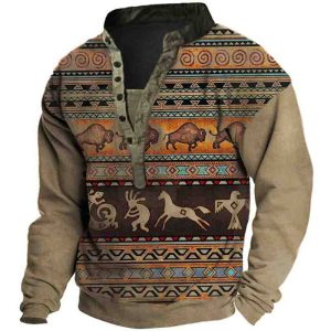 Men's Outdoor Vintage Western Aztec Henley Collar Sweatshirt, Hoodies&Sweatshirts, WAYRATES