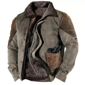Men's Vintage Contrast Panel Deerskin Lining Plus Fleece Jacket, Tactical Jackets & Coats,  COTOSEN