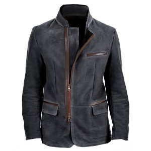 Men Vintage Stand Collar Suede Blazer Side Zip Fly Contrast Leather Webbing Medium Length Jacket Coats, Jackets&Coats, WAYRATES