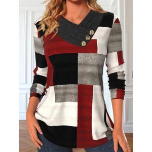 Women's Geometric Graphic Contrast Print V-Neck Casual Long Sleeve Top, women tops,  COTOSEN