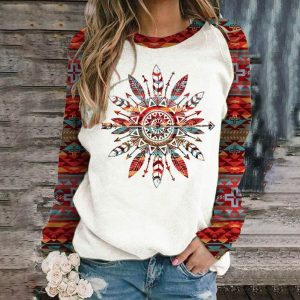 Ladies Vintage Western Indian Ethnic Print Sweatshirt, women tops, COTOSEN