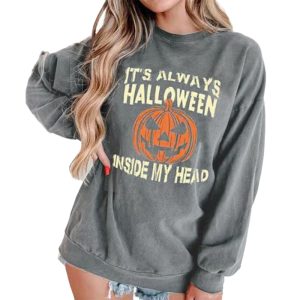 It's Always Halloween Inside My Head Women's Pumpkin Print Sweatshirt, women tops,  COTOSEN