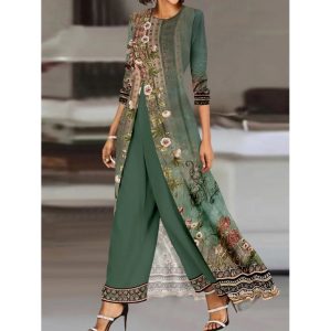 Women's Retro Printed Round Neck Long Sleeve Dress Solid Color Pants Suit, women tops,  COTOSEN