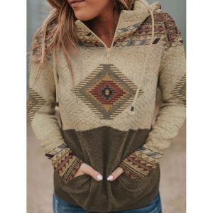 Women's Western Print Hooded Pocket Sweatshirt, women tops, COTOSEN