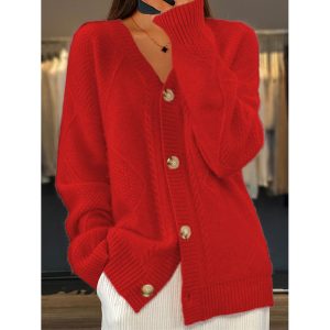 Women's Solid Color V-neck Knitted Cardigan Jacquard Sweater Jacket, women tops, COTOSEN