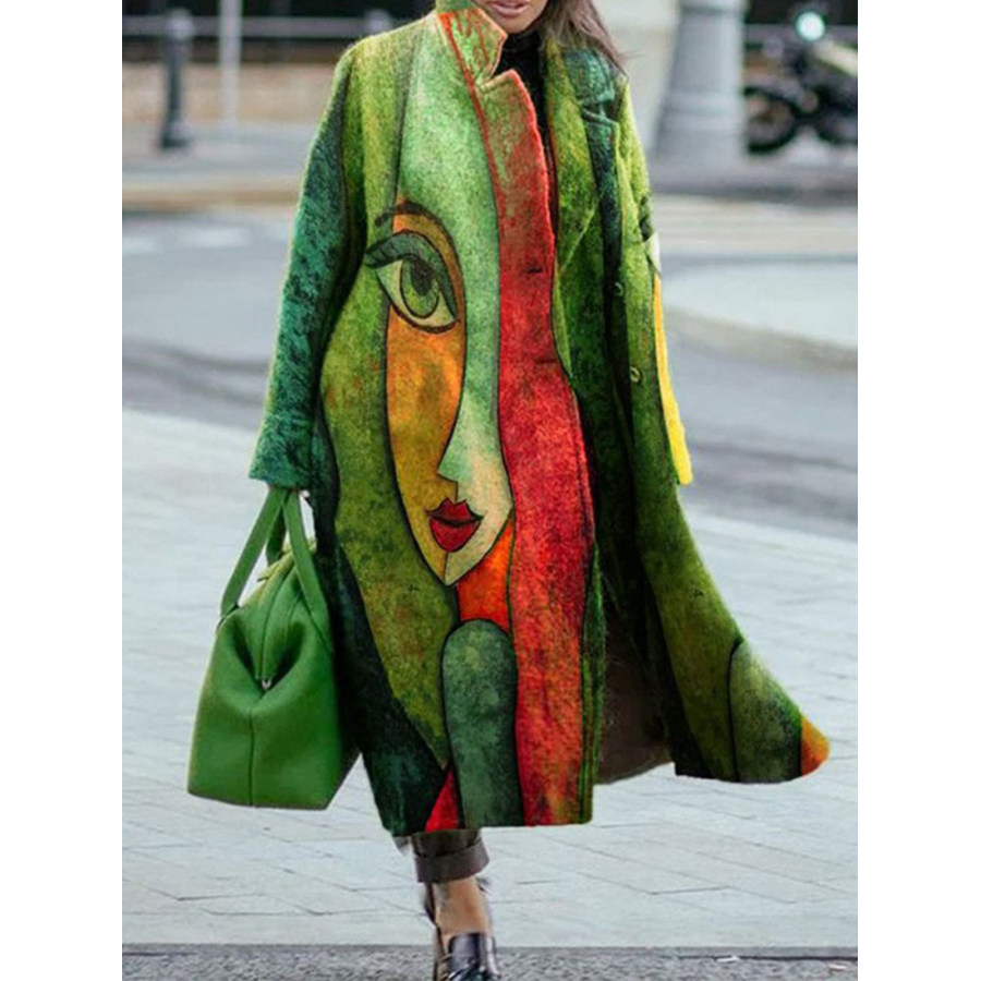 Women's Retro Abstract Print Thick Mid-Length Woolen Coat, women tops, COTOSEN