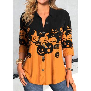 Women's Vintage Halloween Pumpkin Print Long Sleeve Blouses, women tops,  COTOSEN
