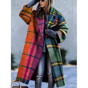 Women's Tweed Retro Colorful Plaid Print Thick Mid-Length Woolen Coat, women tops, COTOSEN