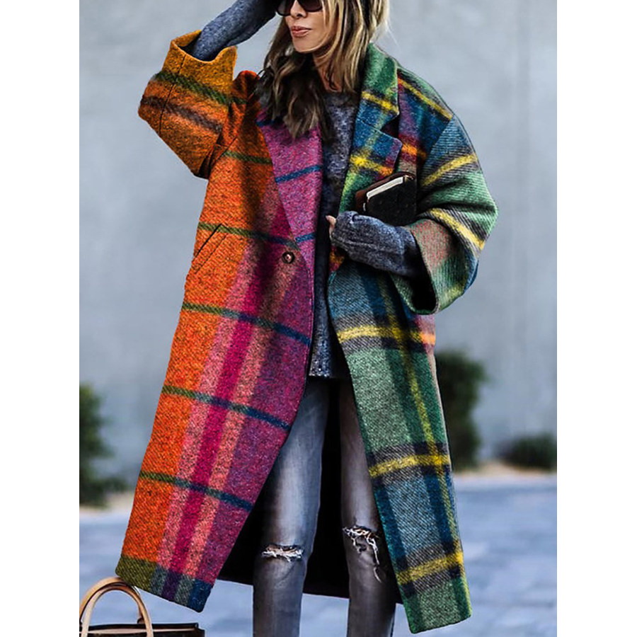 Women's Tweed Retro Colorful Plaid Print Thick Mid-Length Woolen Coat, women tops, COTOSEN
