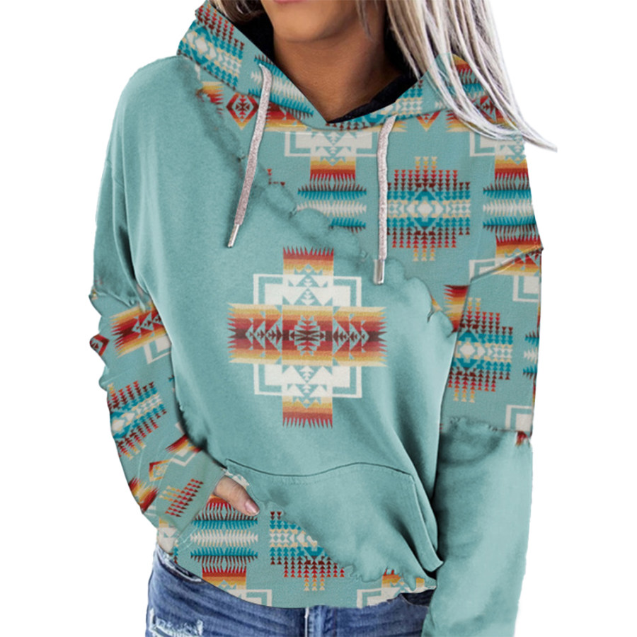 Women's Vintage Ethnic Print Hooded Sweatshirt, women tops, COTOSEN