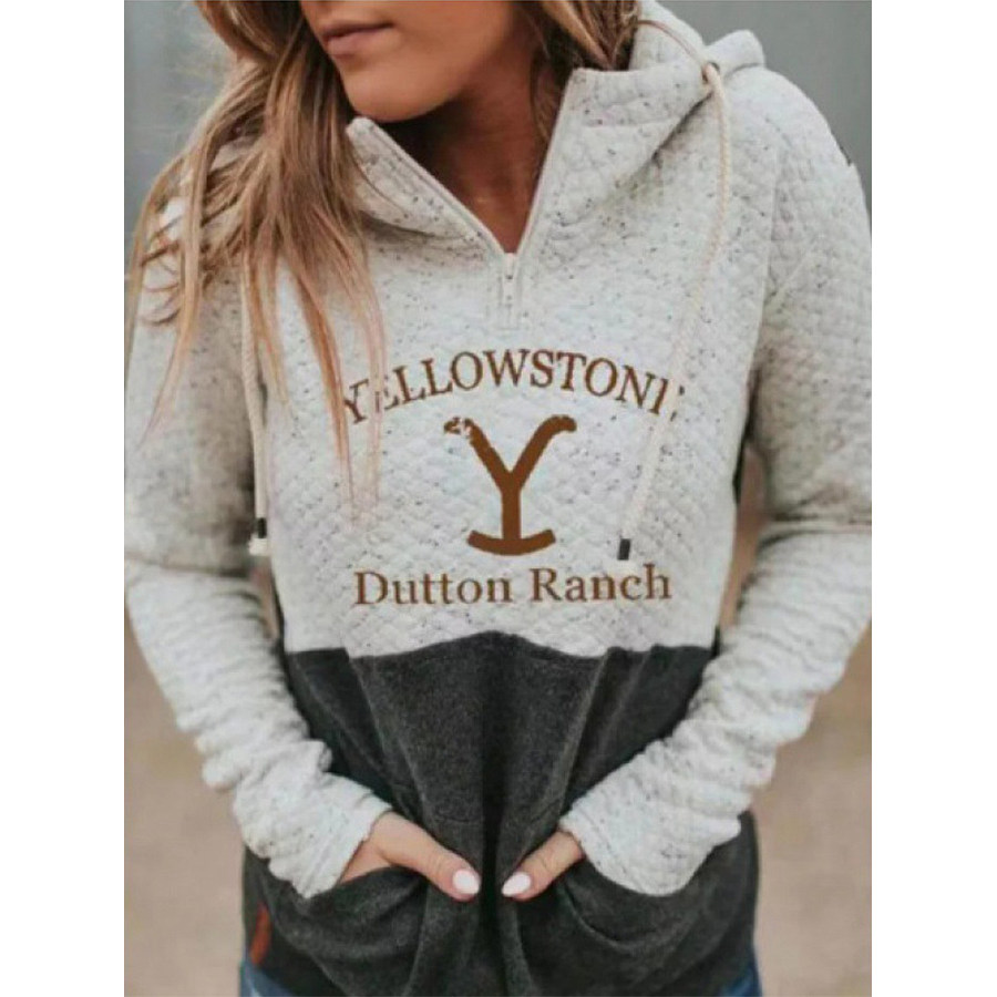Women's Western Yellowstone Print Hooded Pocket Sweatshirt, women tops, COTOSEN