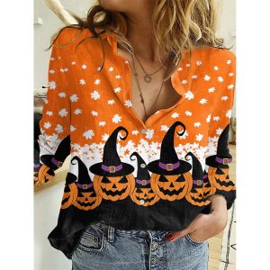 Women's Autumn Leaves Halloween Pumpkin Print Casual Long Sleeve Shirt, women tops,  COTOSEN
