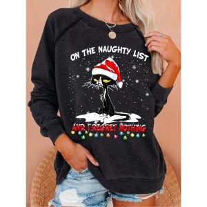 Women's Christmas Cat Print Crew Neck Sweatshirt, women tops,  COTOSEN