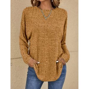 Women's Solid Color Knitted Casual Round Neck Long Sleeve Top, women tops, COTOSEN
