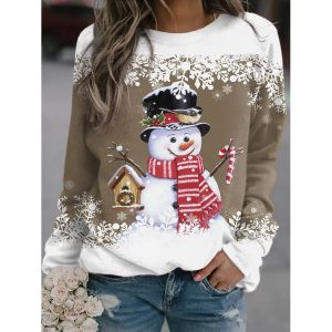 Women's Christmas Snowman 3D Print Crew Neck Casual Sweatshirt, women tops,  COTOSEN
