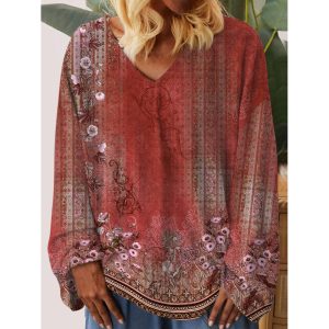 Women's Retro Floral Gradient Print V-Neck Long Sleeve T-Shirt, women tops,  COTOSEN