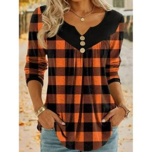Women's Retro V-Neck Smocked Christmas Plaid Print Top Long Sleeve T-Shirt, women tops,  COTOSEN