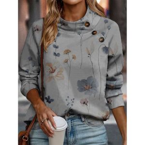 Women's Floral Print Button Stand Collar Sweatshirt, women tops,  COTOSEN