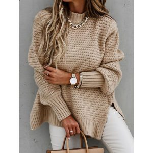 Women's Solid Color Loose Knitted Casual Side Slit Sweater, women tops,  COTOSEN