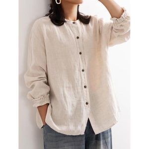 Women's Vintage Cotton And Linen Button-down Crew Neck Shirt, women tops,  COTOSEN