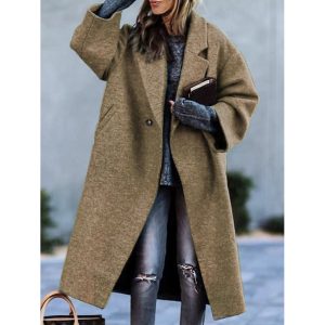 Women's Solid Color Mid-length Woolen Tweed Coat, women tops, COTOSEN