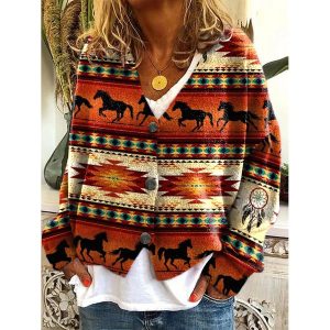 Women's Western Horse Dream Catcher Plush Cardigan, women tops, COTOSEN