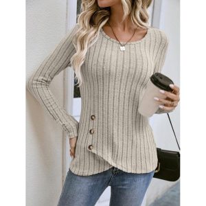 Solid Color Round Neck Knitted T-shirt, women tops,  COTOSEN