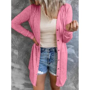 Long Button Solid Color Casual Long Sleeve Cardigan, women tops,  COTOSEN