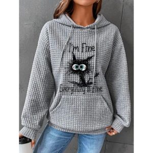 Kitty Printed Pocket Waffle Casual Hoodie, women tops,  COTOSEN