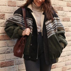Women Retro Corduroy Patchwork Fleece Jacket Coat, women tops,  COTOSEN