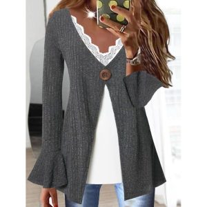 Knitted Pullover Splicing Lace Long Sleeve T-shirt, women tops,  COTOSEN