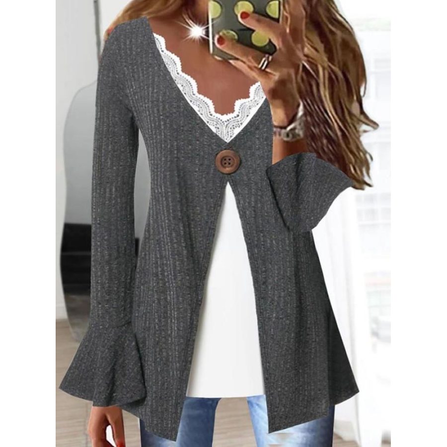 Knitted Pullover Splicing Lace Long Sleeve T-shirt, women tops, COTOSEN