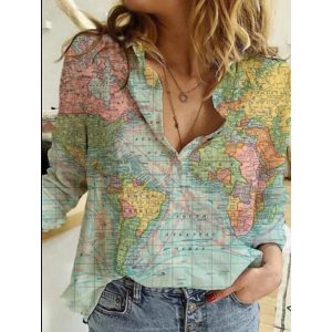 Women's Map Print Casual Shirt, women tops,  COTOSEN