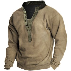 Fleece Sweatshirts Men's Outdoor Vintage Contrast Color Henley Collar Sweatshirt, Tactical Sweatshirts & Hoodies,  COTOSEN