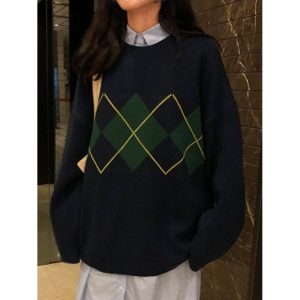 Linger Contrast Knit Pullover Sweater, women tops,  COTOSEN