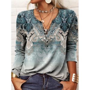 Round Neck Casual Loose Vintage Print Long Sleeve T-shirt, women tops, COTOSEN