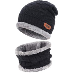 Mens Womens Winter Beanie Hat Scarf Set Warm Knit Hat Thick Fleece Lined Winter Cap, Hats, WAYRATES