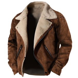 Men's Vintage Outdoor Training Suede Zip Pocket Lamb Fleece Collar Warm Jacket, Tactical Jackets & Coats,  COTOSEN