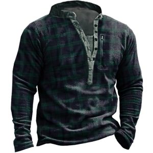 Men's Outdoor Retro Plaid Polar Fleece Henley Collar Sweatshirt, Hoodies&Sweatshirts, WAYRATES