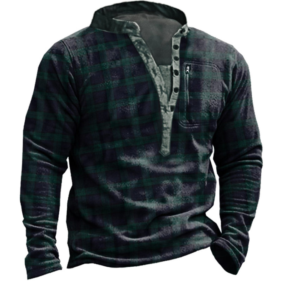 Men's Outdoor Retro Plaid Polar Fleece Henley Collar Sweatshirt, Hoodies&Sweatshirts, WAYRATES
