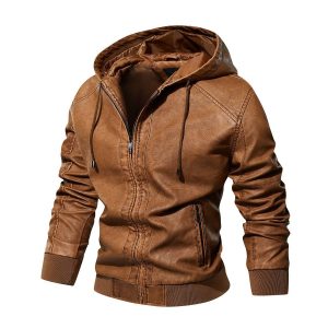 Men's Retro Wash Multi Pocket Locomotive Outdoor Sports Leisure Leather Hooded Jackets, Jackets&Coats, WAYRATES