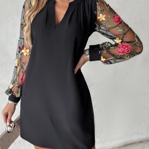 Floral Embroidery Mesh Patch Ruched Casual Dress, Casual Dresses, chicme - Women's Fashion Online