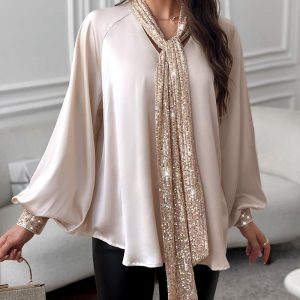 Tie Neck Contrast Sequin Lantern Sleeve Top, Blouses & Shirts, chicme - Women's Fashion Online