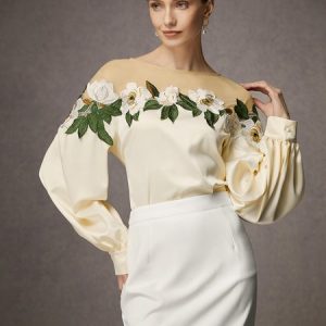 Crew Neck Elegant Long Sleeve Floral Blouse, Blouses and Shirts, color:Off White|size:XXL, Stylewe