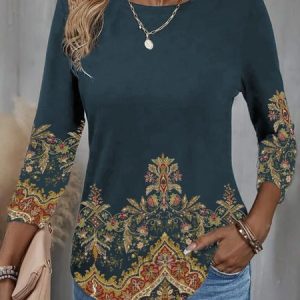 Casual Ethnic Crew Neck Long Sleeve T-shirt, T-shirts, color:Blue|size:XXL, Noracora