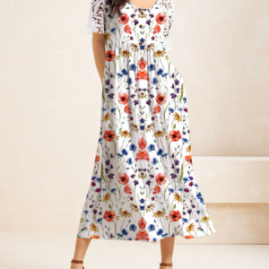 Women Abstract Lace Collar Short Sleeve Comfy Casual Lace Maxi Dress, Dresses, color:flower|size:XXL, Noracora
