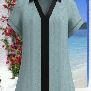 Shirt Collar Short Sleeve Color Block Regular Micro-Elasticity Regular Fit Shirt For Women, Blouses, color:Blue|size:XXL, Noracora